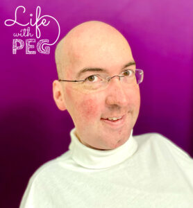 Bastian from the blog "Life with PEG" with frameless glasses (purple background and logo)